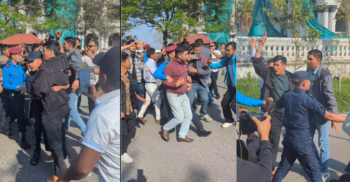 गृहमन्त्रीको राजीनामा माग्दै सिंहदरबारभित्रै पुगेर नेविसंघले गर्‍यो प्रदर्शन